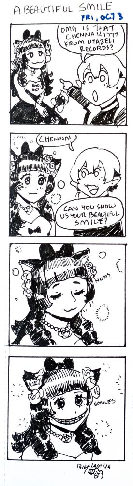 A comic strip of a pretty cat girl being asked to smile. She smiles and it's a realistic fully teethed smile