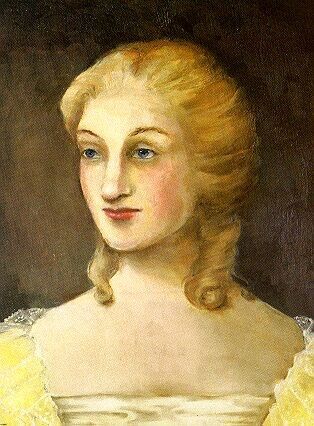 Color portrait (artist’s impression) of a young Caroline Herschel. In this painting, which is primitive in style, Herschel wears a yellow dress and has her hair in curls that hang to shoulder length.