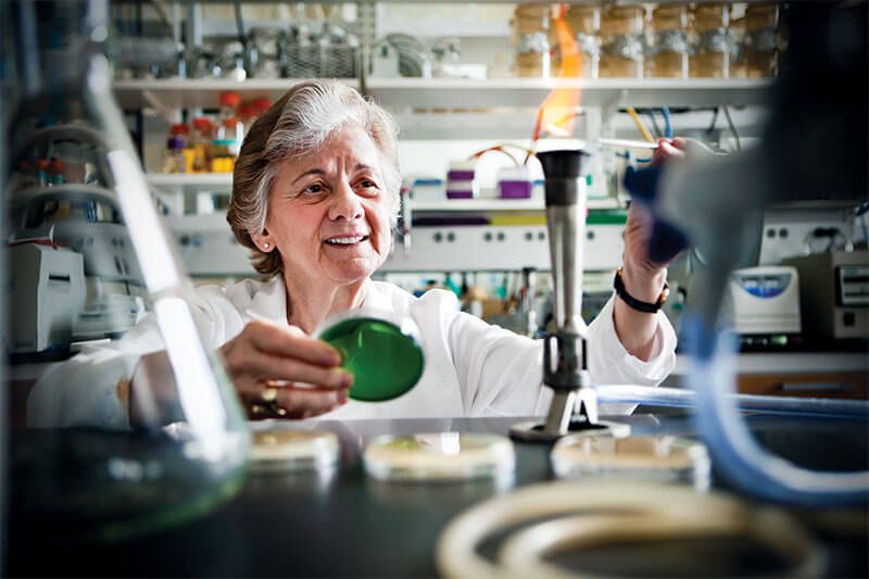 A color photo of Dr. Colwell at a lab bench, holding a Petri dish in her right hand and holding something else up to a bunsen burner with her left hand. Out-of-focus lab equipment is in the foreground. She wears a white lab coat, and is looking at the flame. Rows of glassware and other equipment line the shelves behind her.