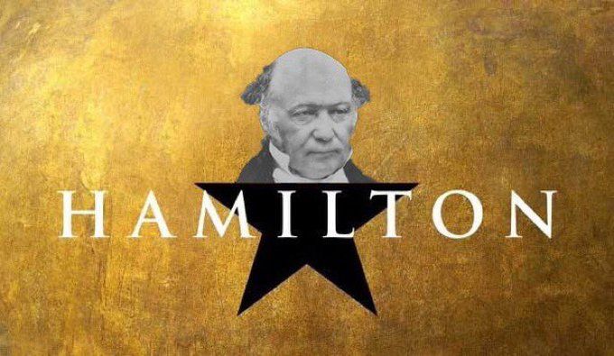 The title graphic from the musical Hamilton. Instead of a silhouette of Alexander Hamilton forming the tip of the large black star at the center of the image, there is a black and white image of a balding, sideburned William Hamilton.