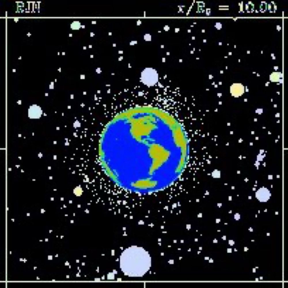 This is an early computer rendering of how the Earth's gravity would distort light from distant stars if our planet had the density of a neutron star. The resolution of the image is very low -- maybe 256x256 -- and the color palette is limited. The Earth is in the center of the image, oriented so that North and South America are visible to the viewer. Parts of Europe and Africa are also visible because of the distortion of light rays by the the Neutron-Earth's gravity. Images of stars cluster near the Earth, and the shapes of nearby spherical objects are slightly distorted.