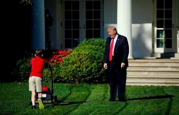Trump on the White House lawn, yelling at a boy in a red shirt moving the lawn.