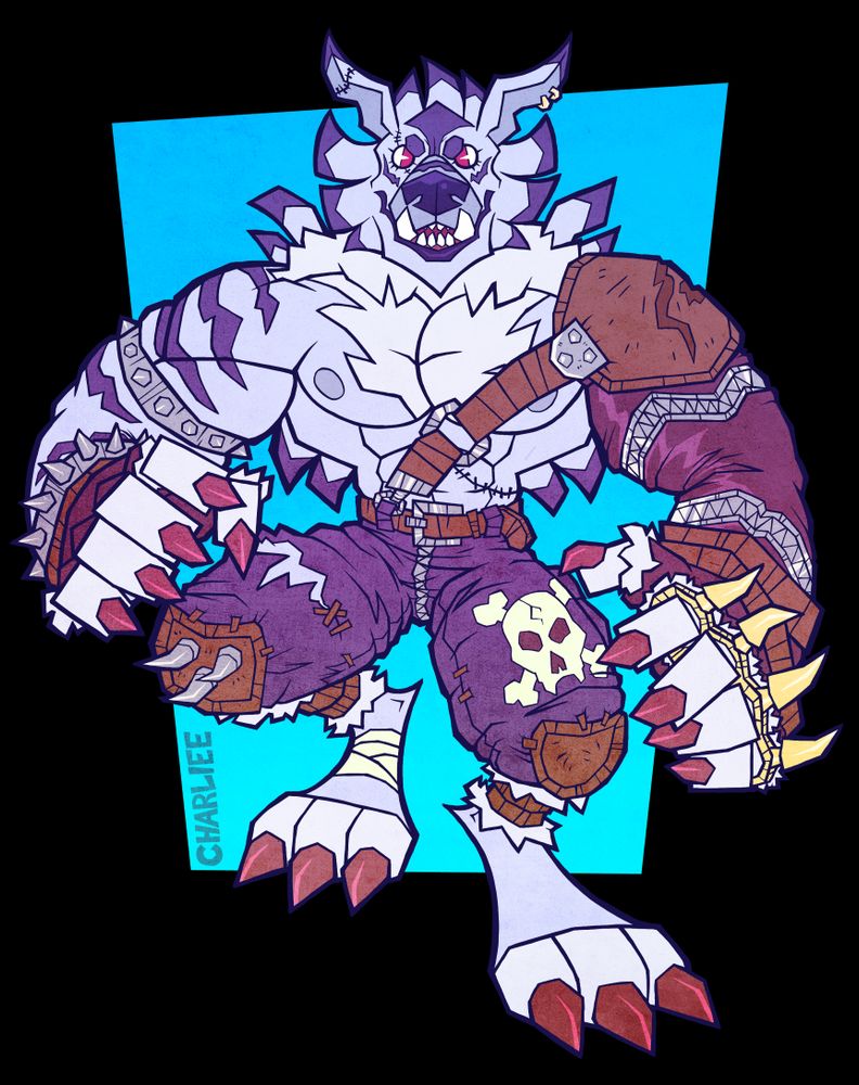 Werewolf-like digimon that is white-blue with blue stripes, purple nails, and an underbite. He's wearing blue jeans, gloves and brass knuckles.