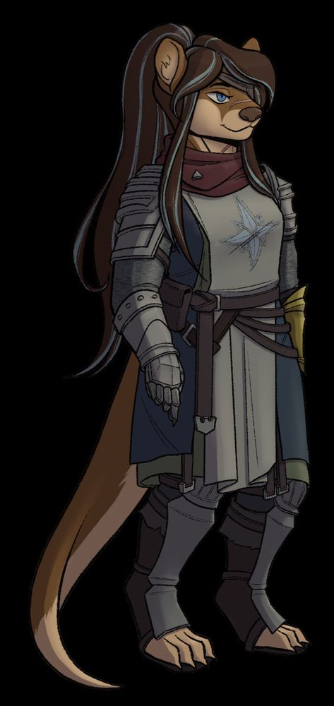 An anthropomorphic otter lady clad in steal armor and a cloth tabard. 