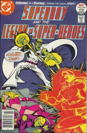 Superboy and the Legion of Super-Heroes #224. Pulsar Stargrave blasts Superboy while rocking some very groovy disco gear 