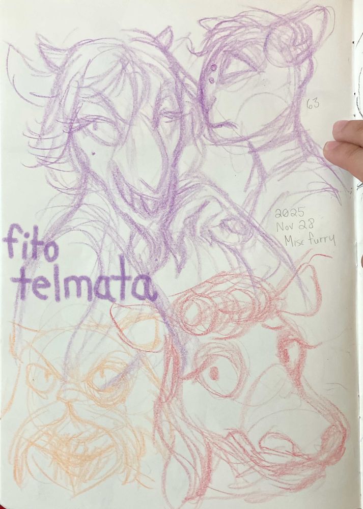 Crayola drawings of various furries. Left to right top to bottom:
top left: violet crayon, gender non-conforming goat with a bob and vampire teeth
top right: violet, character 63- an oriental shorthair cat with two bridge piercings and a curly short mohawk
bottom left: orange, character 15- an old male persian cat with a massive white moustache
bottom right: red, a cow woman with Bettie Page bangs and a very uncomfortable expression 
