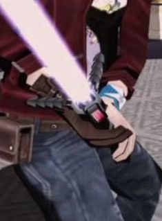 Either a polyester wristband or a beaded bracelet on Travis Touchdown's hand with the Santa Destroy flag on it. I can somewhat clearly see vertical rows of either fabric or beads on the item. I'm sorry about the quality of the images. These are Wii games