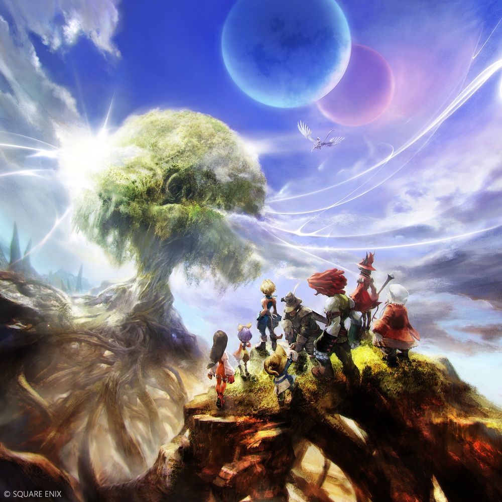 The cast of Final Fantasy IX looks toward the background where the Iifa Tree looms. In the sky above are the twin moons.