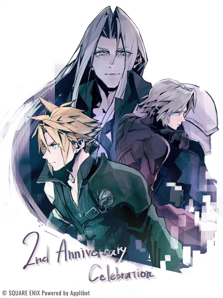 Cloud looks to the left. Sephiroth faces the viewer. Young Sephiroth faces right but looks towards the viewer. Text reads: "2nd Anniversary Celebration"