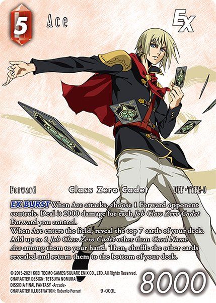 An illustration of Ace with cards drawn and floating toward the viewer.