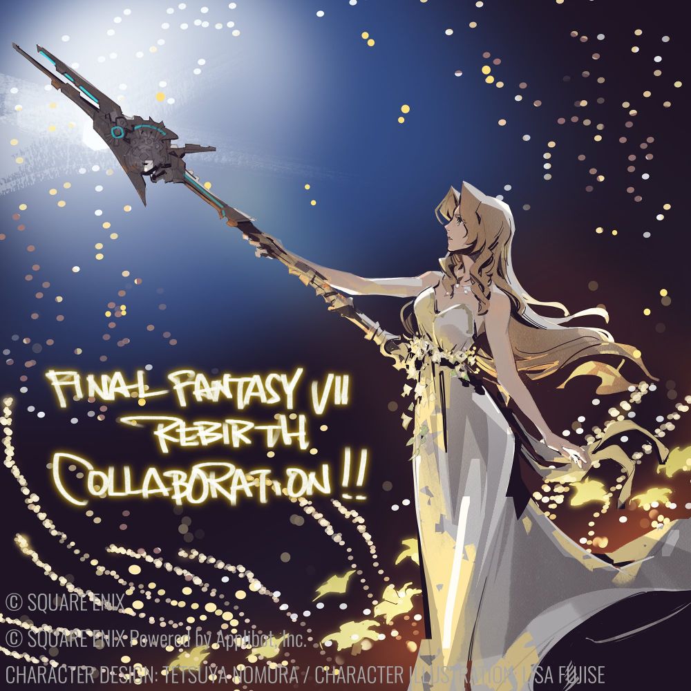 Aerith raises her Gambanteinn staff into the air. She is wearing a white dress and her hair is down. Text reads: "FINAL FANTASY VII REBIRTH COLLABORATION!!" 