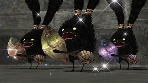 A screenshot of Final Fantasy XI. Three spriggans clutch what appear to be crystals.