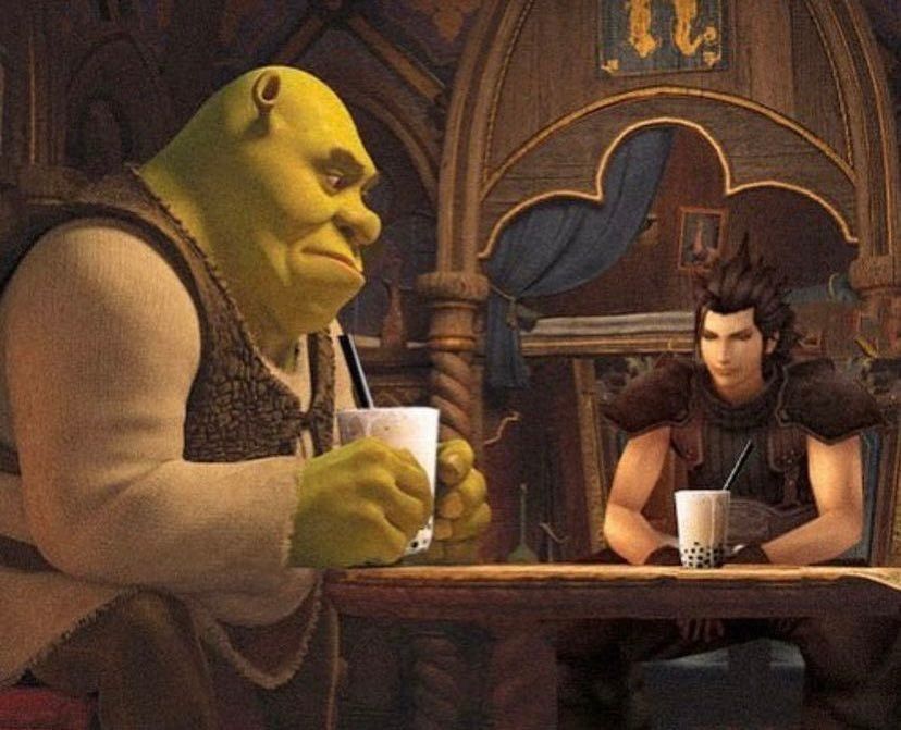 Shrek and Zack Fair seated at a table with bubble tea, looking downward wistfully