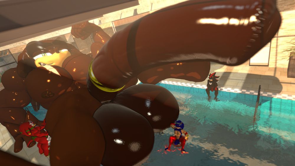 Trial in a community pool with Sonic, Knuckles and Shadow, sporting an enormous manhood of the equine variety
