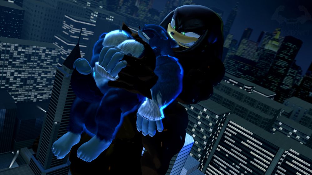 A giant macro Echidna pounding a smaller macro werehog while sitting on a building, groping his pec and putting a finger in his mouth.