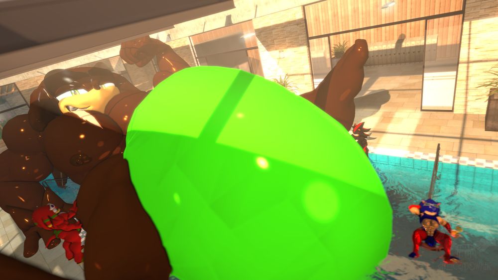 Trial in a community pool with Sonic, Knuckles and Shadow, sporting an enormous bulge