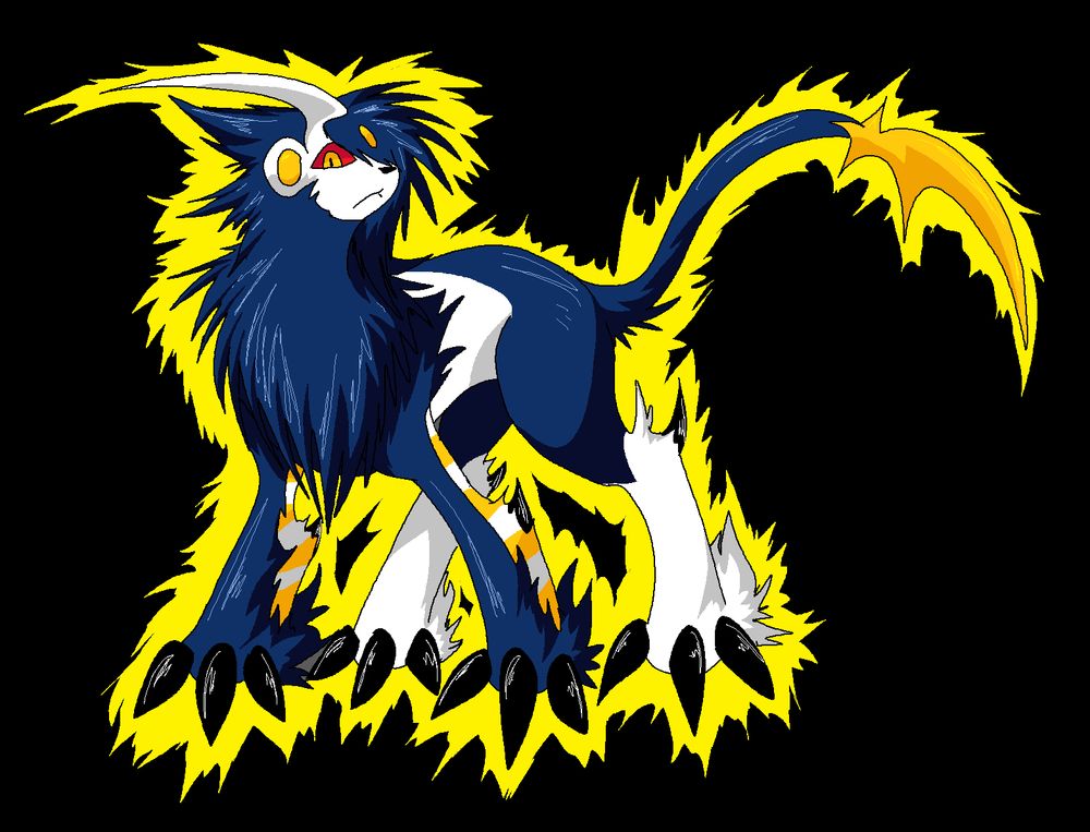 A blue and white quadrupedal animal with yellow stripes, a red and yellow eye looking at the camera. A yellow aura is drawn around it on a black background.