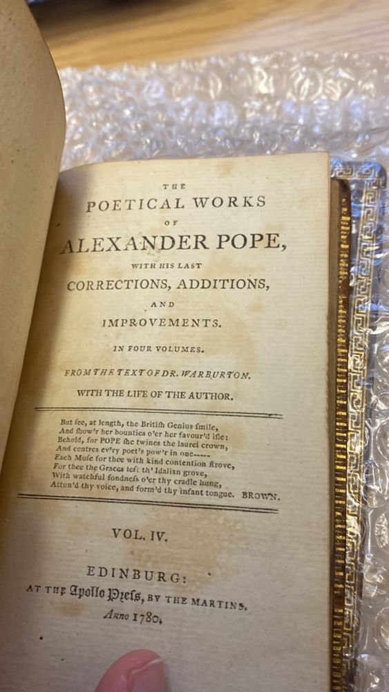 The title page of Alexander Pope’s collected works, 1780 edition, volume IV