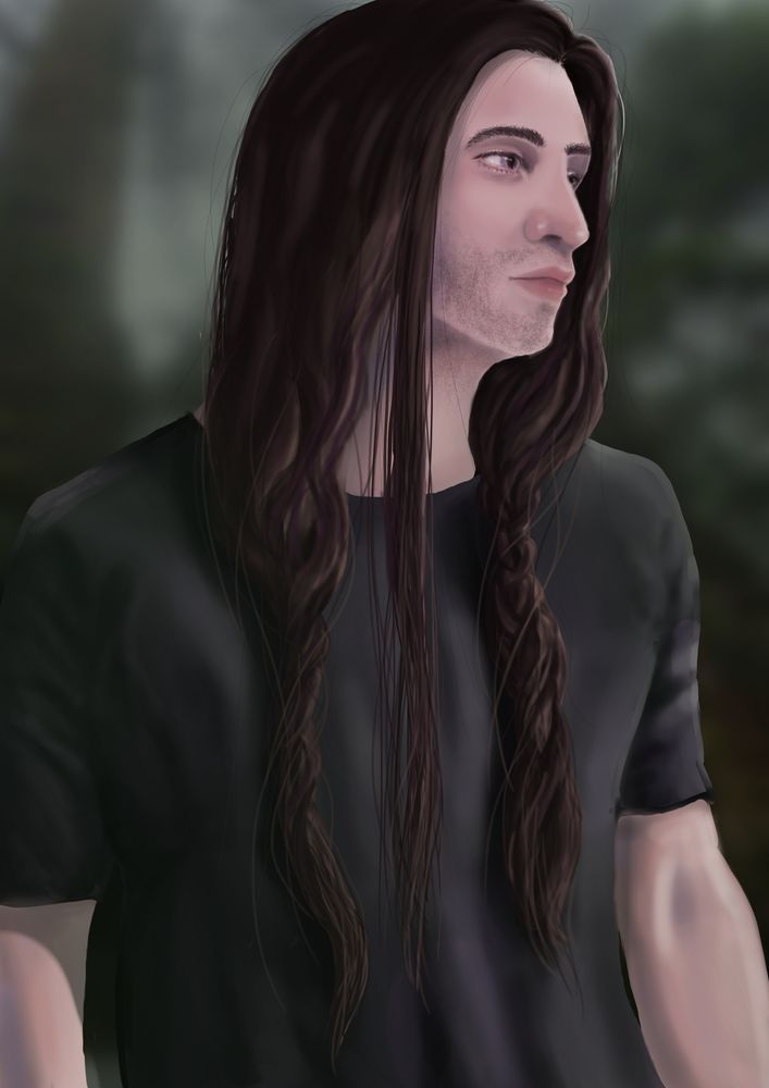A digital painting of a young man with long, dark brown hair, some of which is loosely braided. He is wearing a simple black shirt, and his expression is calm yet introspective as he gazes off to the side. The background is softly blurred, featuring shades of green and gray that suggest a forested or natural environment. 