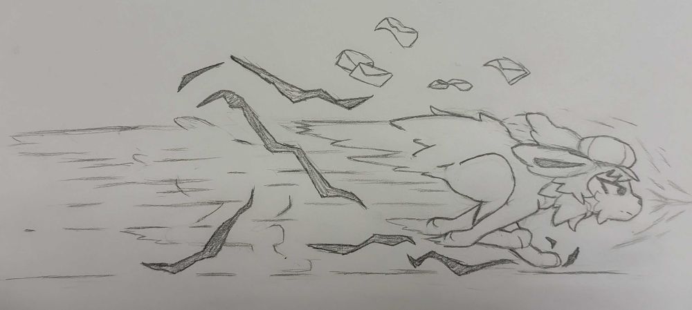 Sketch of Miele the Jolteon sprinting at incredibly high speeds. Envelopes and sparks of electricity fly from her as she dashes.