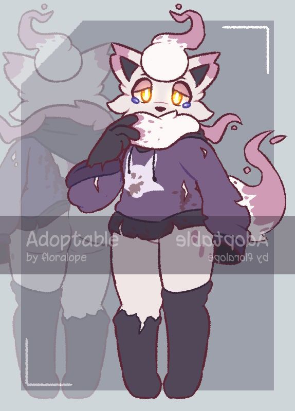 anthropomorphic, pale hisuian zorua in tears with a sweater and high socks.
the sweater, which has a fox head symbol on the front, is in tatters with dried blood over it.