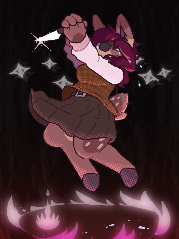 Deltarune-inspired art. A crying Eleanor hovering over the ground while brandishing a knife with both hands, concentrating her will in preparation to stab the ground and create a Dark Fountain.
A vortex of energy circles her as she hovers.