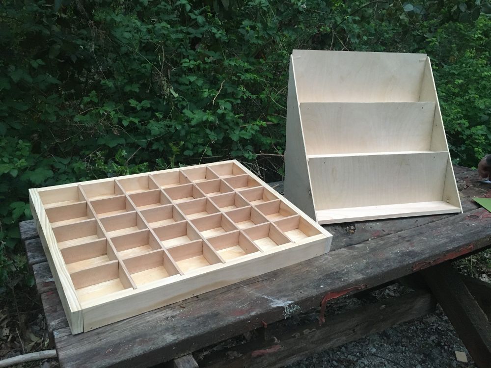 Wooden projects, one letterbox style and one stand for cards
