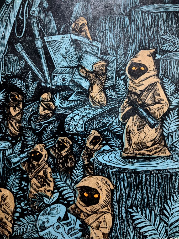 A linocut print of Jawas from Star Wars dismantling a feller buncher (logging equipment branded with the Empire's logo) in a clearcut ancient Redwood forest (where the Ewok village on the forest moon Endor was filmed 