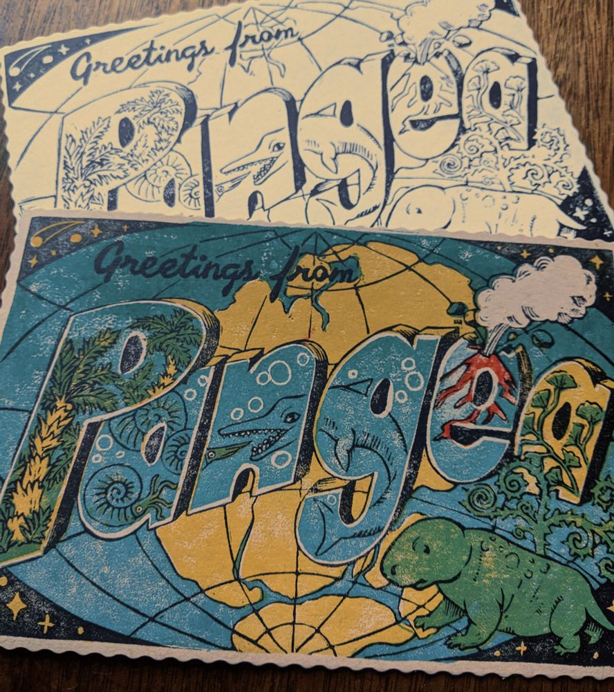 Greetings from Pangea linocut postcards, made in the style of old "big letter" greetings from... postcards