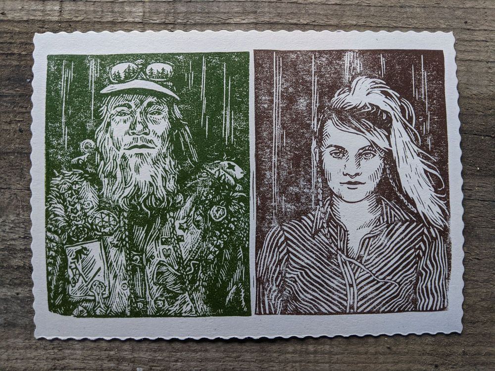 Two individual linocut portrait prints of punks