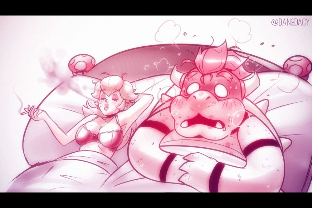Princess Peach smoking a cigarette after having sex with bowser who's shocked and speechless.