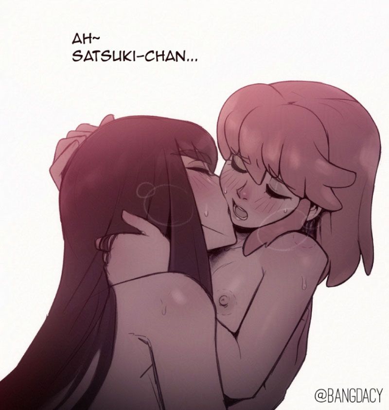 Satsuki Kiryuin and Nonon Jakuzure embracing each other naked. Satsuki is kissing Nonon's neck while she says "ah~ Satsuki-chan..."