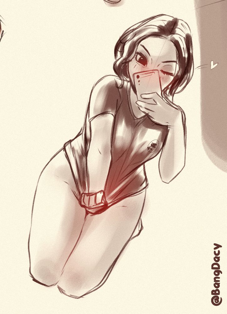 A sketch showing Roxie taking a selfie while winking. She's wearing nothing except her work t-shirt, which she's pulling down to cover her bare crotch. 
