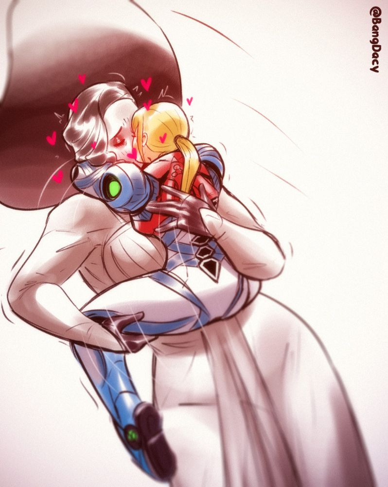 Alcina Dimistrescu from Resident Evil Village making out with Samus Aran from Metroid Dread