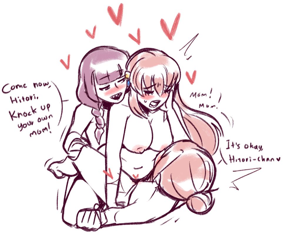 A sketch depicting a threesome between Kikuri Hiroi, Hitori Gotoh (AKA Bocchi) and Hitori's mom, Michiyo Gotoh.

Michiyo is laying on her back as Hitori penetrates her. Kikuri's head is on Bocchi's shoulder.

Kikuri: "Come now, Hitori. Knock up your own mom!"
Bocchi: "Mom! Mom!"
Michiyo, stroking Bocchi's face: "It's okay, Hitori-chan ♥"