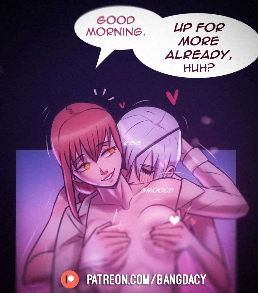 A Patreon preview showing Quanxi grabbing Makima from behind, kissing her neck and massaging her breasts. Makima says "Good morning. Up for more already, huh?"