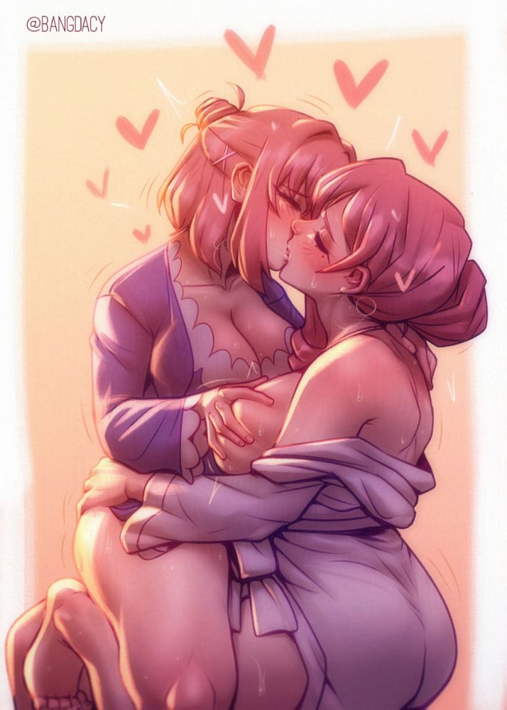 Hakari Hanazono straddling her mother, Hahari Hanazono, while kissing her and groping her breasts.