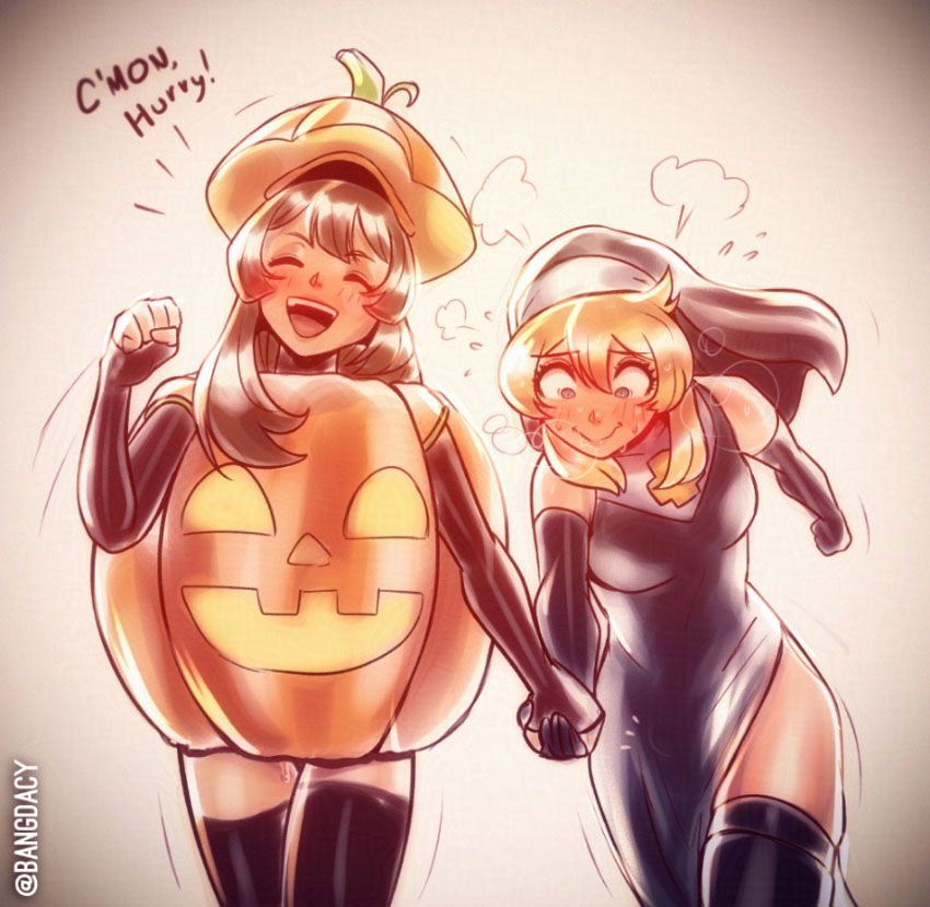 A sketch depicting May and Bridget from Guilty Gear Strive. May is wearing a pumpkin costume, complete with a matching hat on her head. She's implied to be wearing a black leotard underneath, with long gloved sleeves and matching thigh highs. A drop of her pussy juices indicates she's turned on. She's excitedly saying "c'mon, hurry!" as she's holding Bridget's hand, pulling her somewhere else. 
Bridget is wearing a dark "sexy nun" costume, with a high cut dress that exposes her hips and thighs. She's wearing stockings as well as matching long gloves. Her face is flushed and nervous, sweating profusely as her position  a bit hunched, running behind May. Some expression lines on her crotch imply she's turned on and trying to hide her boner. 