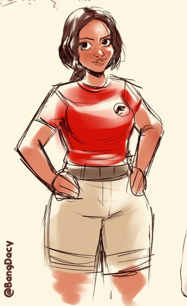 colored sketch of Roxie from Jurassic World: Camp Cretaceous. She's wearing her uniform, which consists of a red t-shirt with the JW logo on it, a brown belt and beige shorts. She's posing with her arms on her hips.