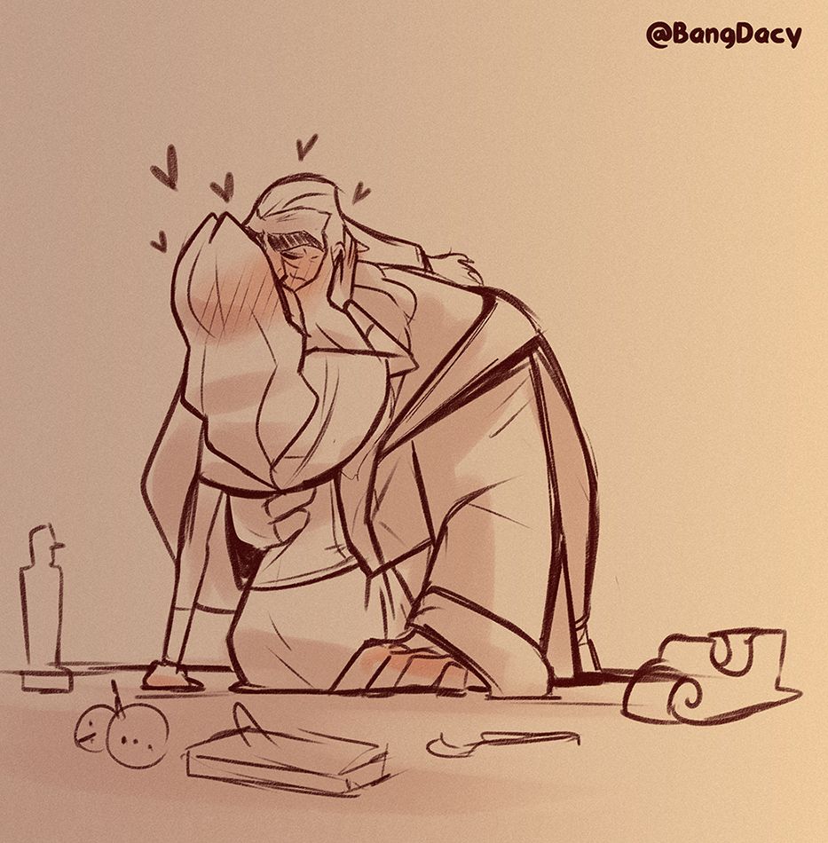 Klaus and Alva making out on a desk. She's holding onto his face as he grabs her waist.