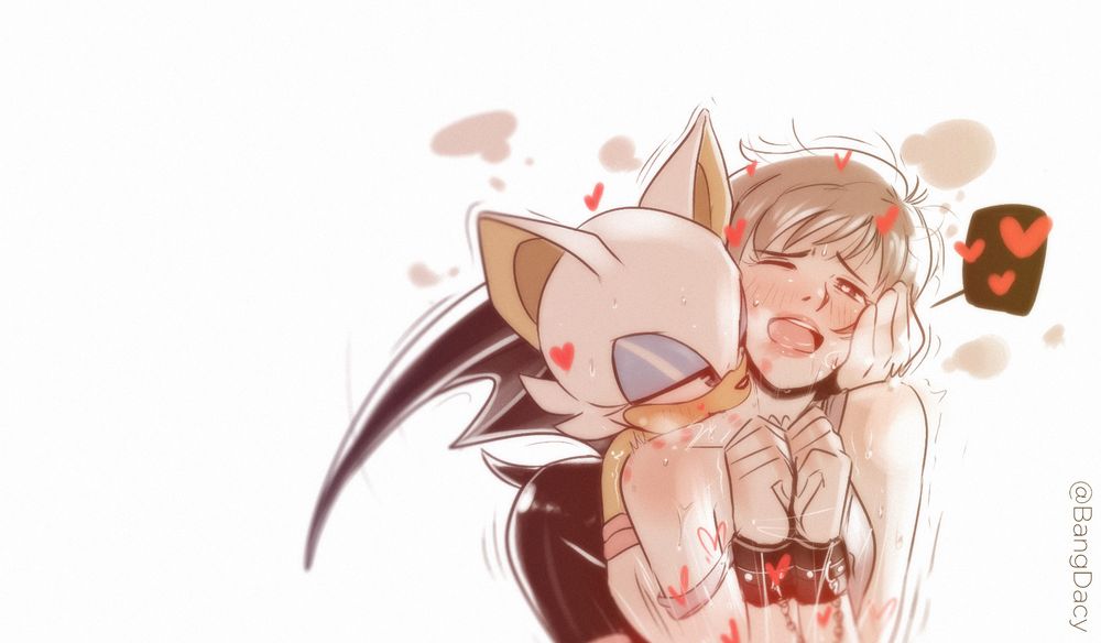 Rouge The Bat from the Sonic the Hedgehog series with Topaz from Sonic X. 
Topaz is completely naked, only wearing leather cuffs, while Rouge is behind her, touching her bellow while holding her head with her other hand, as Rouge bites her neck.