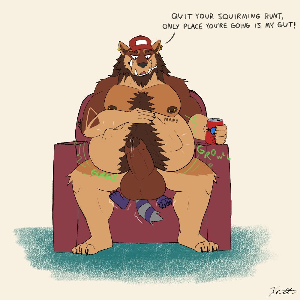 AV piece of Nathan sitting down on Xett, his body already distending from Nathan's gut and struggling. Nathan is sitting down with a beer in his left hand and his hand over Xett's head bulge. Nathan is saying "Quit your squirming runt, only place you're going ist my gut!"