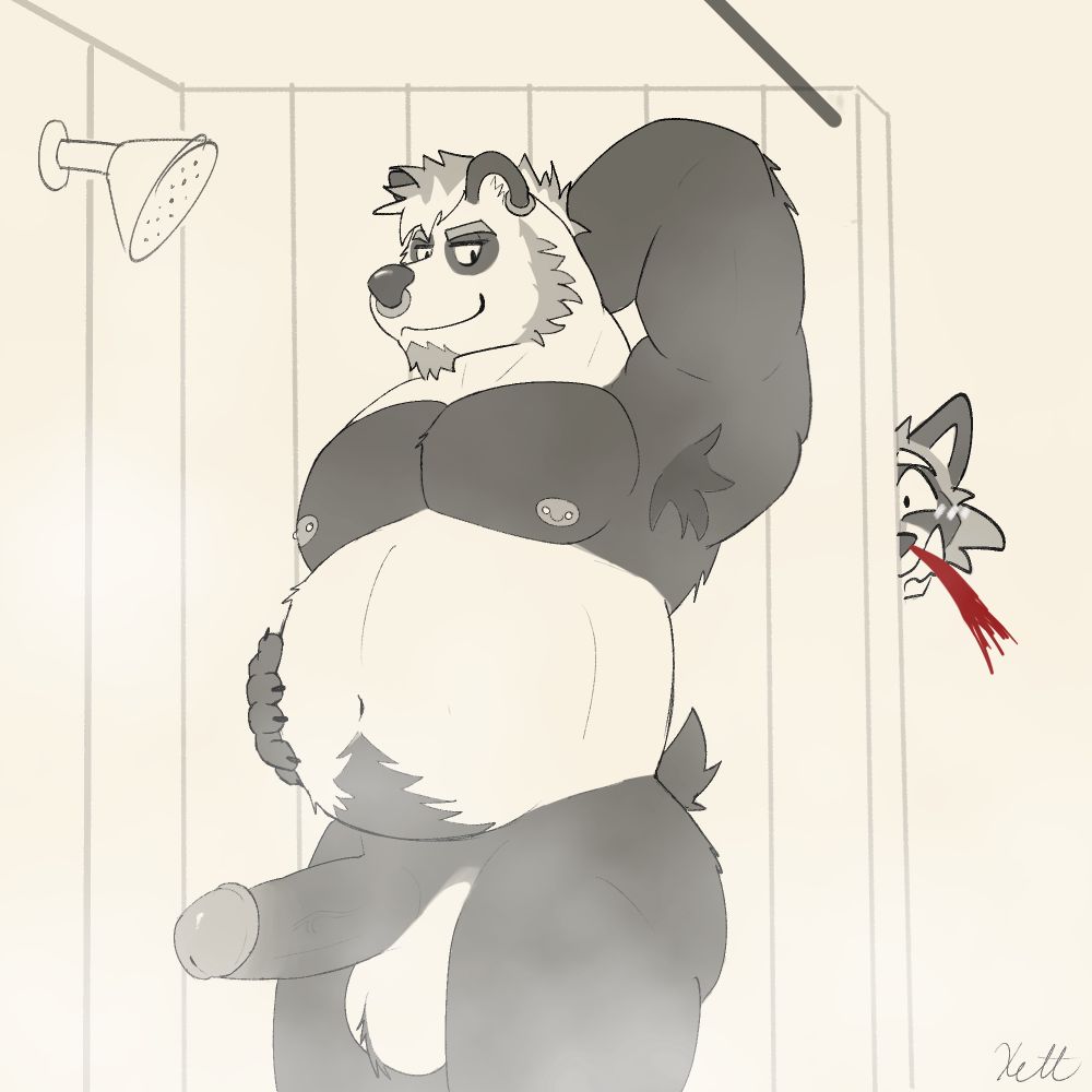 Wh0 (large panda) taking a hot steamy shower while Xett (raccoon) is peeking with a nosebleed.