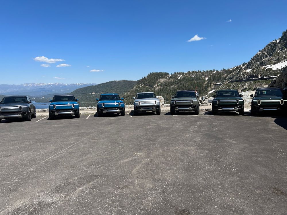 Rivian Vehicles parked at Donner Lake.