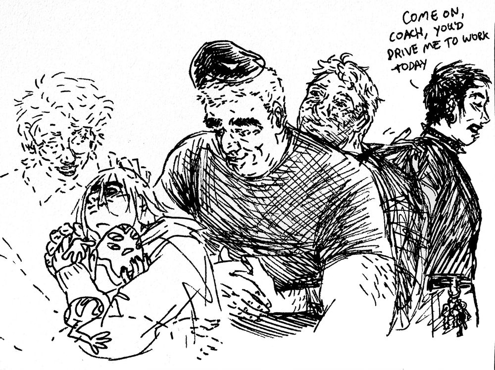 fanart sketch of Marvel's Venom characters cuddling, from left to right: Anne Weying as a ghost, Dylan Brock, his sibling Sleeper who's shaped like a frog, Eddie Brock, the Venom symbiote, Flash Thompson, and Andi Benton who pulls Flash away while saying 'Come on, coach, you'd drive me to work today'.