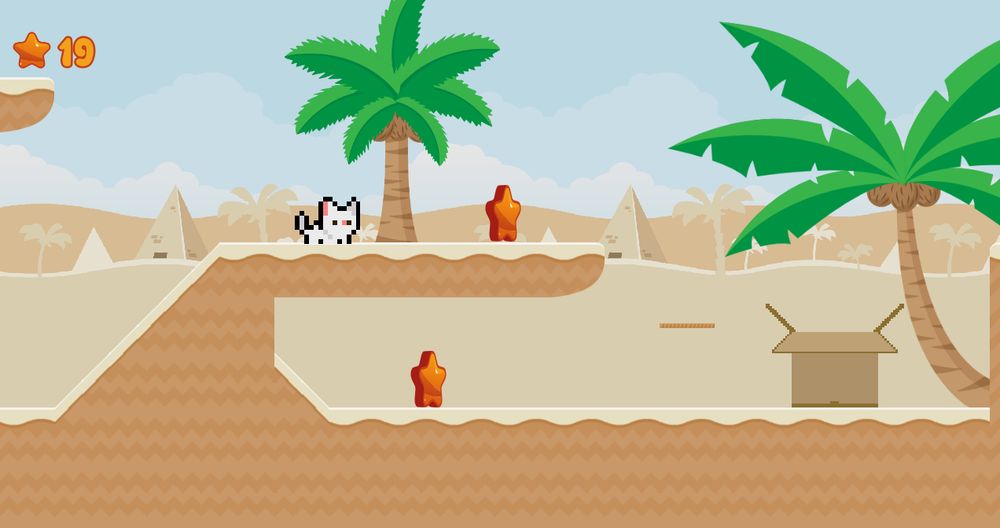Screen cap from level 2 of side-scroller, "A Cat Game" with the player (cat) standing in a desert-like setting with palm trees and pyramids in the background, approaching a collectible star