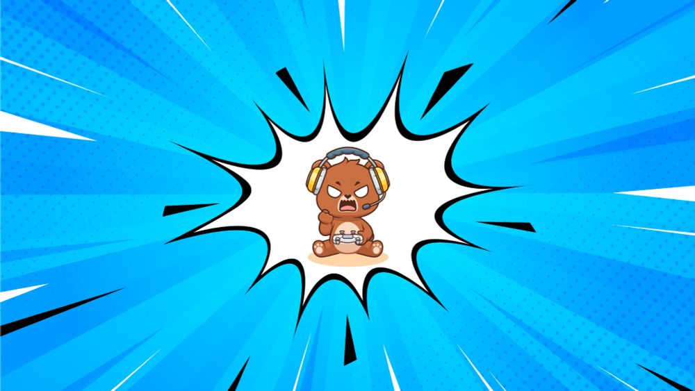 cartoon bear with game controller and headset screaming intensely over a comic book style background
