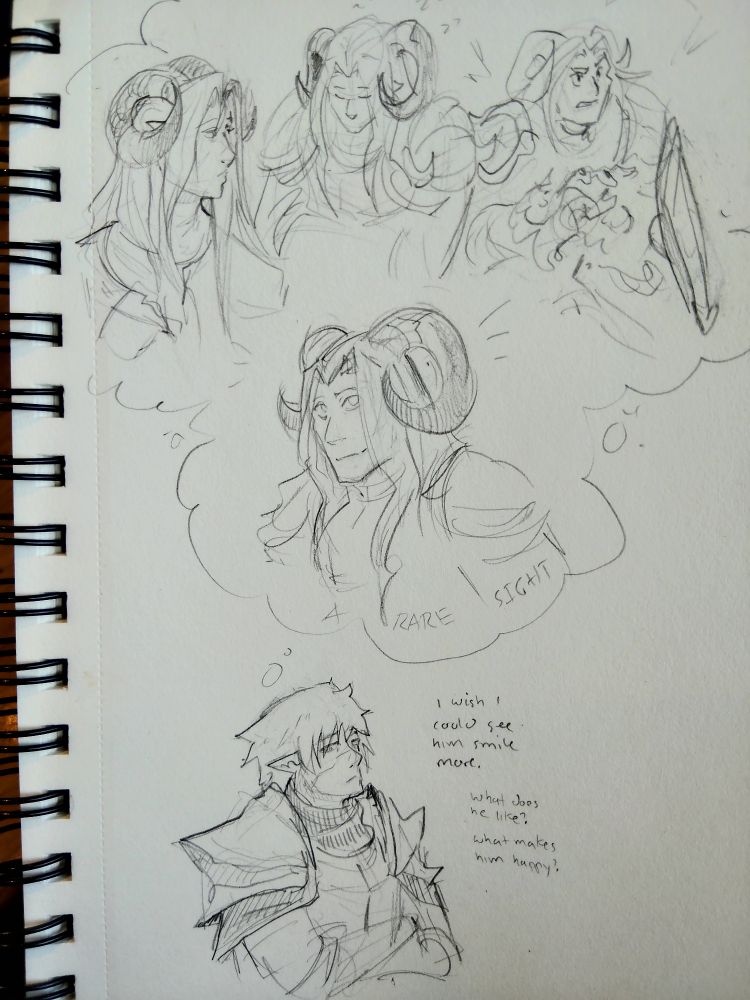 A pensive Xamryn in armor thinking about his party member, a tiefling with long hair and curling ram horns. There are four different expressions shown from the tiefling; thoughtful, sleeping, determined in battle, and smiling - 'a rare sight'. 

"I wish I could see him smile more. What does he like? What makes him happy?"