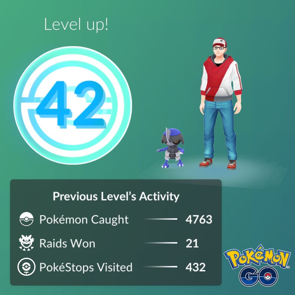 Pokémon Go stats for level 42. 4763 Pokémon caught. 21 raids won. 432 pokestops visited. Image of my avatar and a little blue Pokémon dude. 