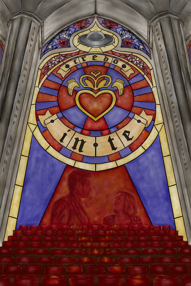 
a digital watercolour painting of a large arched stained glass window, with gray stone pillars to either side, and a rack of prayer candles to the front. the perspective is such that the viewer is at roughly eye level to the rack of candles, looking up at the large window. the candles are lit such that the lit candles display a letter X. There is a large gold and red claddagh design in the middle of the window, with panels of red and blue alternating around it. Above and below the claddagh, there are glass panels shaped like a banner, on which latin lettering reads - “Credo In Te” which translates to “I believe in you.”

Above the Claddagh, there is a UFO design. On either side of the UFO, there are panels depicting flowers: Poppies for sacrifice, lily of the valley for the return of happiness, and oleander for both everlasting love and caution.  

on either side of the window, latin script is engraved into pillars. The left pillar reads “Fidei tuae robur habui” which translates to “I had the strength of your belief (faith)” whilst the right pillar reads 
“meus es tu unus in quinque billion” which means “You are my one in five billion.”

At the bottom of the window, there are large alternating glass panels: blue - red - blue. Within the central red panel, Mulder and Scully from the revival era are depicted, reflecting back at the viewer. they are both in relative profile - mulder on the left and Scully on the right. They are gazing at each other. 